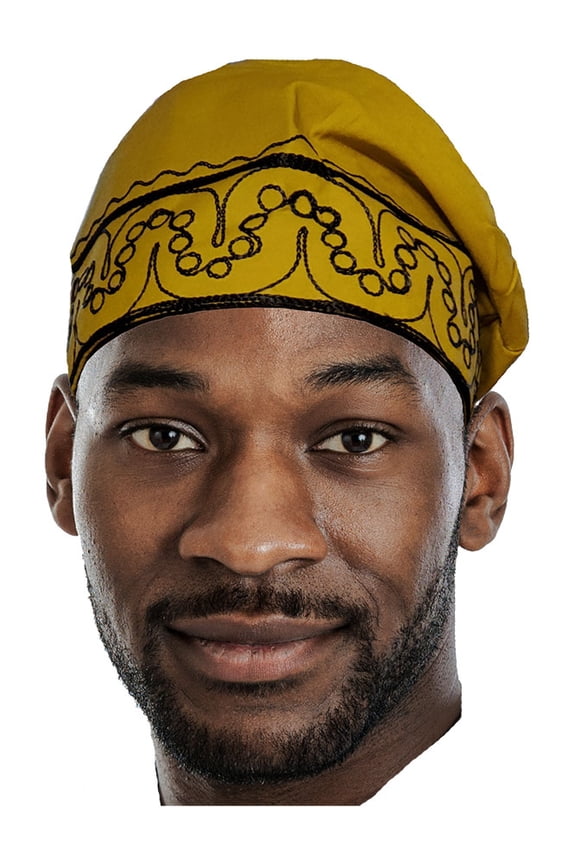 Gold African Kufi Hat with Black Embroidery