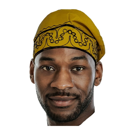 Gold African Kufi Hat with Black Embroidery