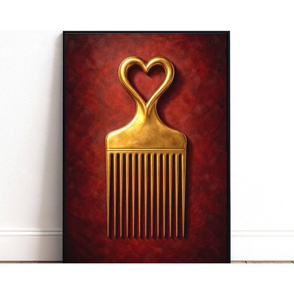 Gold Afro Pick Black Hair Comb Wall Art Print, Unframed Paper Poster 8x10in
