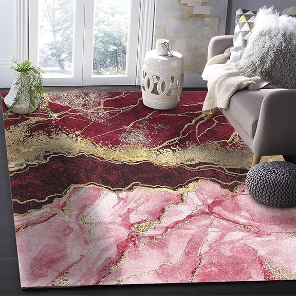 Gold Agate Stripe Area Rug For Living Room Bedroom, Red Pink Abstract Marble Rectangular Area Rugs Non-Slip Rug Washable Indoor Carpet For Dorm Office 2 x 3ft