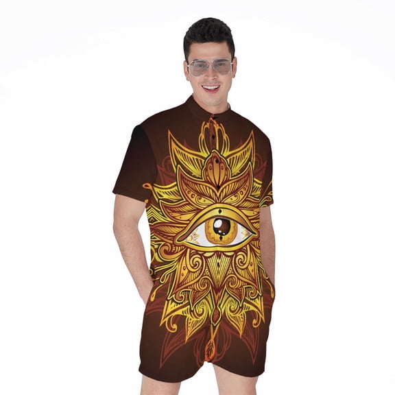 Gold All Seeing Eye Short Sleeve Men'S Rompers, Eye Of Providence God Casual Summer Jumpsuits Outfit