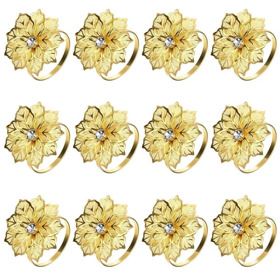 12 Pcs Flower Napkin Rings - Hollow-Out Metal Serviette Holders for Wedding,Christmas,and Formal Dining,Gold