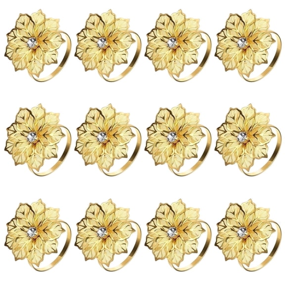 Flower Napkin Rings - Hollow-Out Metal Serviette Holders for Wedding,Easter,and Formal Dining,Gold,12 Pcs
