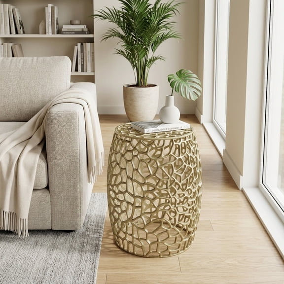 Gold Aluminum Drum End Table with Abstract Mesh Design - Modern Glam Accent Table