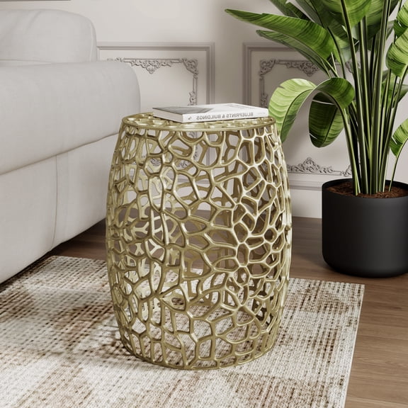 Gold Aluminum Drum End Table with Intricate Mesh Design for Modern Living Room Accent Furniture, Handcrafted Side Table with Rust-Resistant Frame