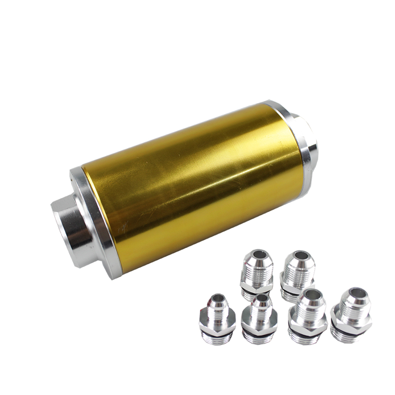Gold-Aluminum High Flow Fuel Filter with 100 Micron 152 Performance High Pressure Steel with 3 Fittings RS-FP002