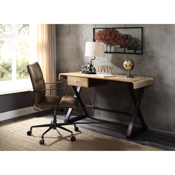 Gold Aluminum Rectangular Desk With Leather Leg Wraps And Ample Drawer Elegant Top Details