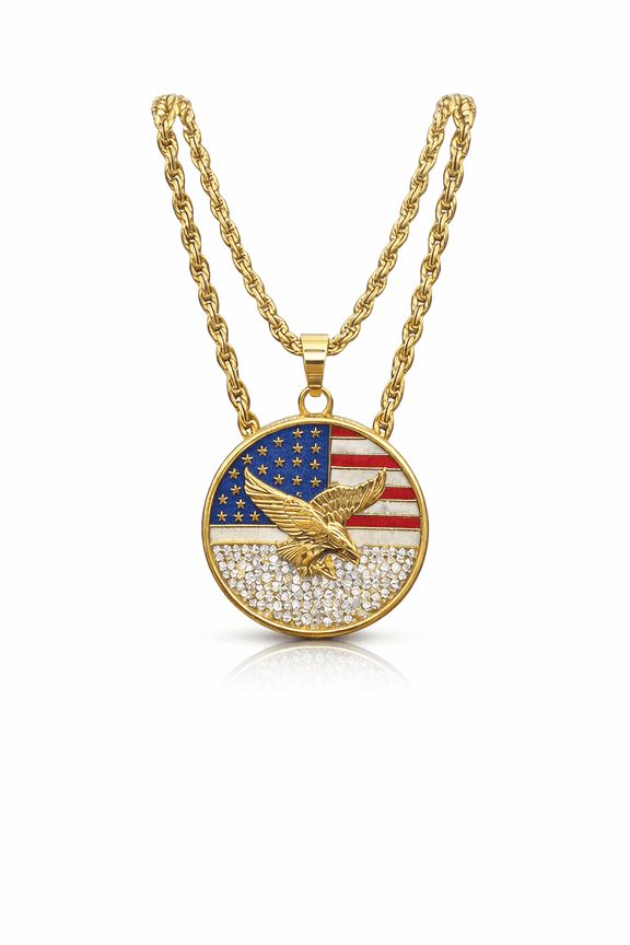 American Flag Eagle Pendant Necklace for Men, 24” Inch 8mm Rope Chain, Stainless Steel Gold Tone, Iced Out Patriotic Jewelry