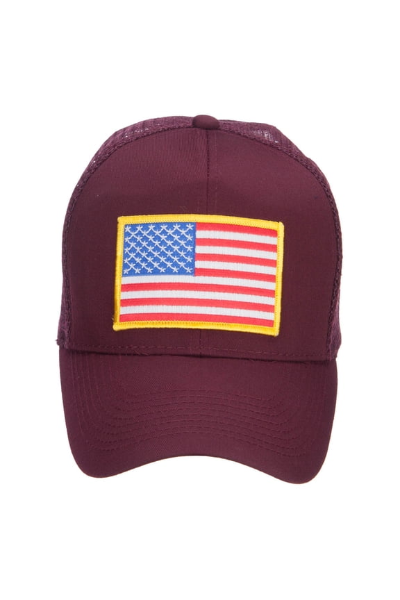 Gold American Flag Patched Mesh Cap - Maroon OSFM