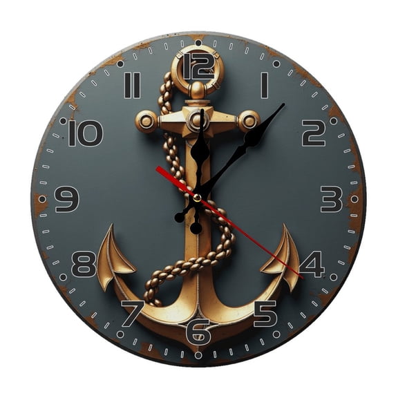 Gold Anchor Wall Clock 10 Inch Silent Non Ticking Round Wooden Clock Decoration for Living Room Kitchen Bedroom Bathroom Office Classroom