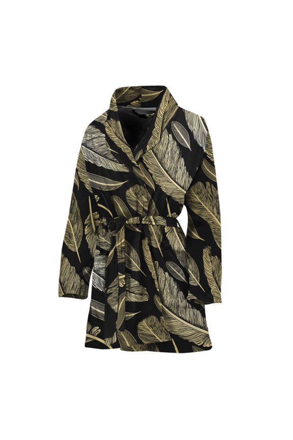 Gold And Black Feather Pattern Women Bathrobe One Size Univeral Fits Fashion Lightweight Plush Fleece Long Robe For Women