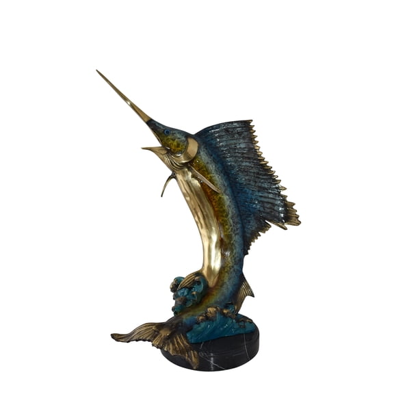 Gold And Blue Sailfish Swimming In Ocean Bronze Statue Size: 18" x 16" x 26"H