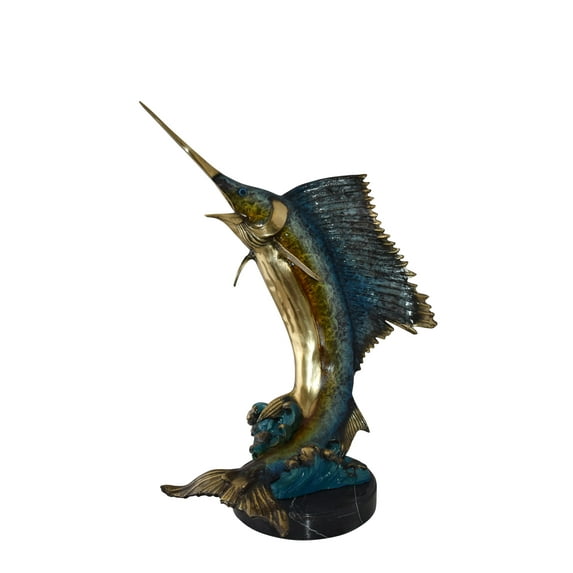 Gold And Blue Sailfish Swimming In Ocean Bronze Statue Size: 18" x 16" x 26"H