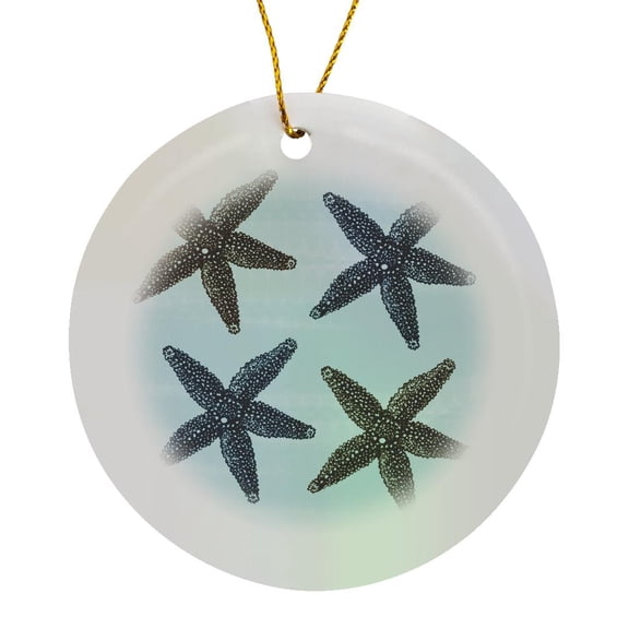 3drose, Gold and Blue Starfish, Circle Porcelain Ornament