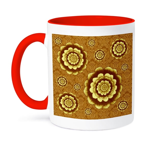 3dRose, Gold and chocolate flowers on bronze damask background, 11oz Two-Tone Red Mug
