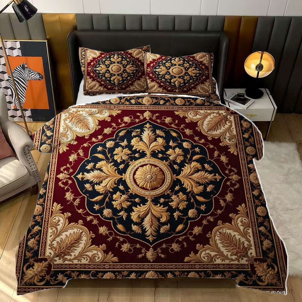 Gold And Red Ornate Floral Pattern Comforter Set Queen Size Bedding Set ...