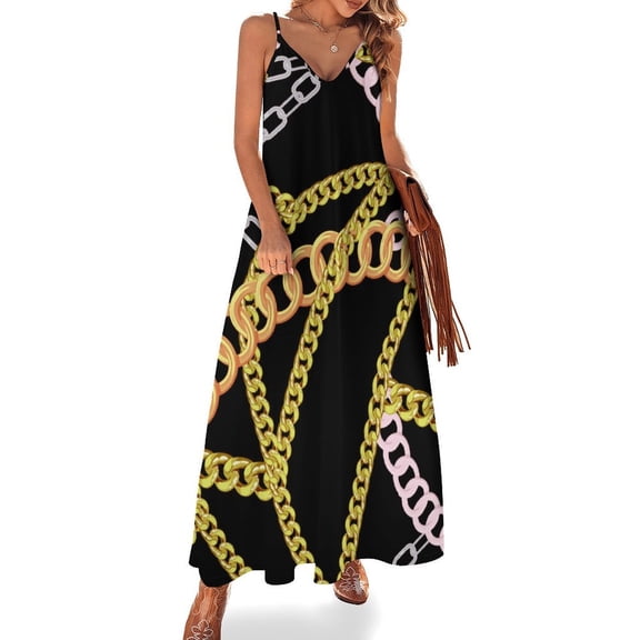 Gold And Silver Chain Sleeveless Suspender Dress Summer Fashion Casual Long Dress