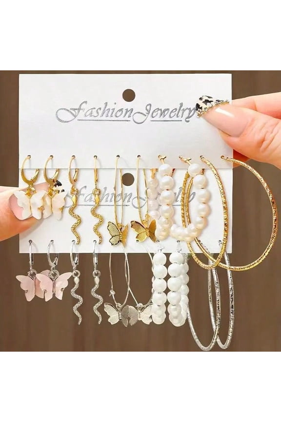 Gold And Silver Tone Butterfly Snake Pearl Hoop Earring Set 20 Pieces