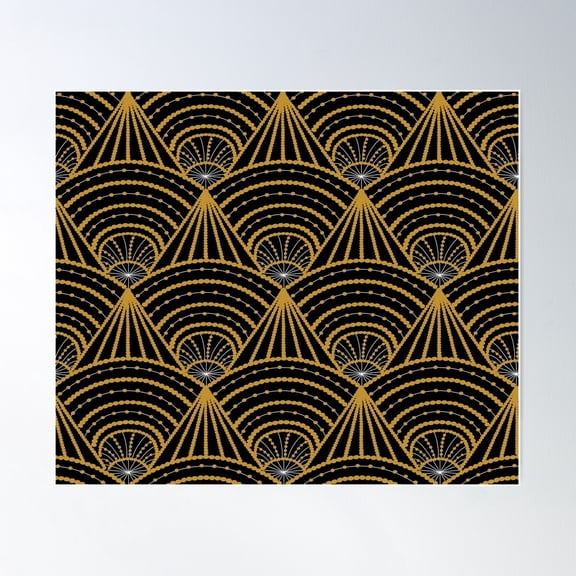 Gold And White Art Deco Pattern With Black Background Poster Wall Art, Modern Wall Decor For Living Room Bedroom, 8x12 UNFRAMED