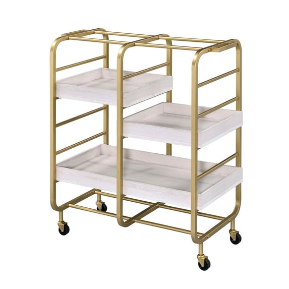 Gold And White Serving Cart For Dining - 3 Adjustable Trays, Metal Practical Use With Trays Robust Structure