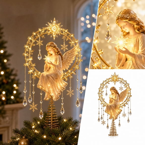 Gold Angel Christmas Tree Topper with Lights and Crystals, Spiral Spring Base, for Christmas Tree Decoration