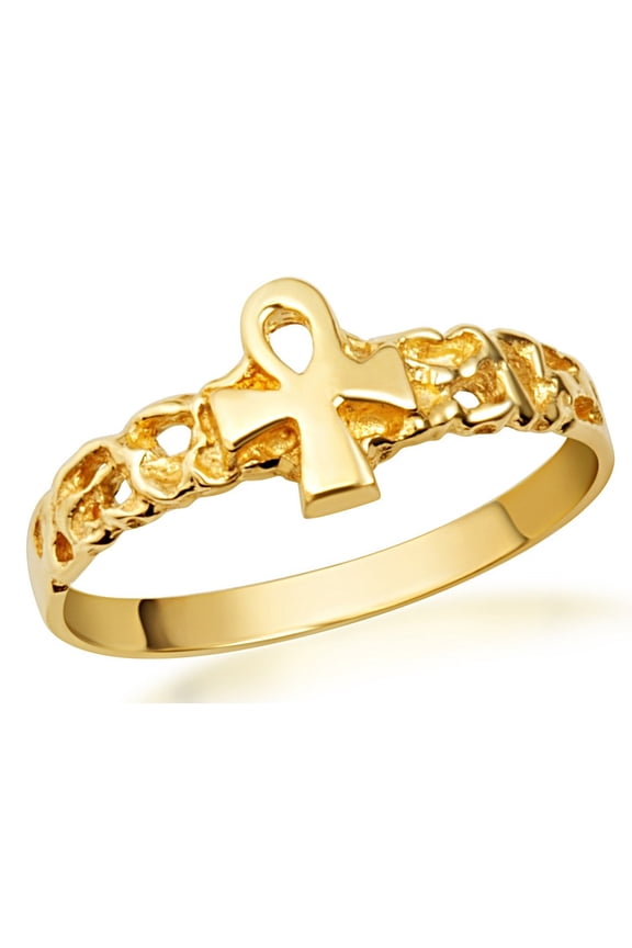 Gold Ankh Cross Nugget Ring (Size 8)