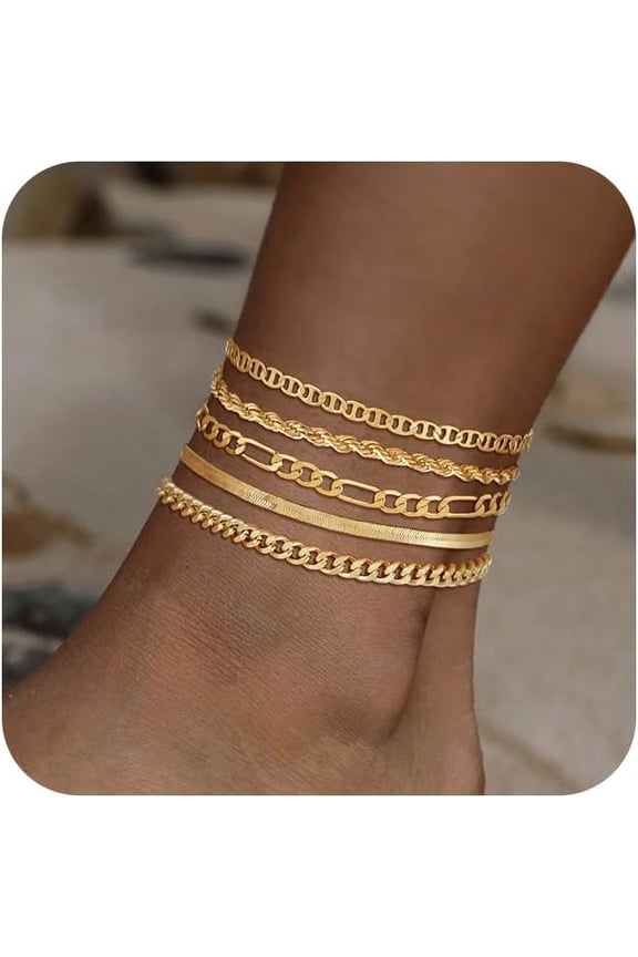 Gold Ankle Bracelets For Women, 14K Gold Anklets For Women Waterproof Snake Figaro Cuban Link Chain Anklets Set Chunky Thin Layered Dainty Anklet For Women Gold Jewelry Gifts[o7795]
