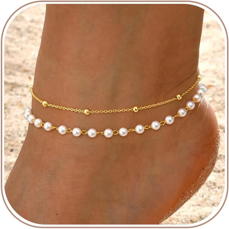 Gold Ankle Bracelets for Women, Dainty 14K Gold Plated  display picture 3