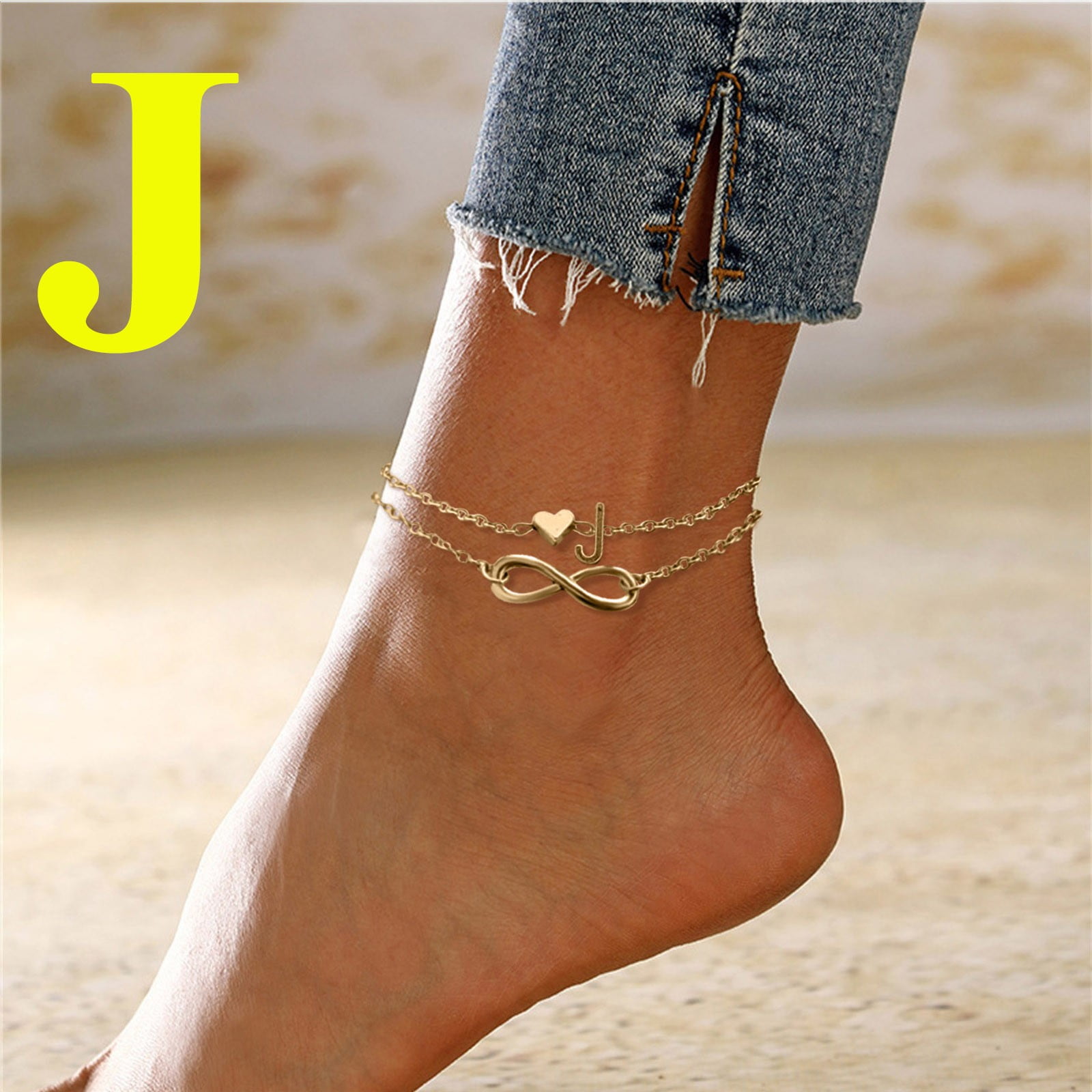 Gold Ankle Bracelets for Women Heart Layer Anklet Female Bracelets Letters Letters Chain Double