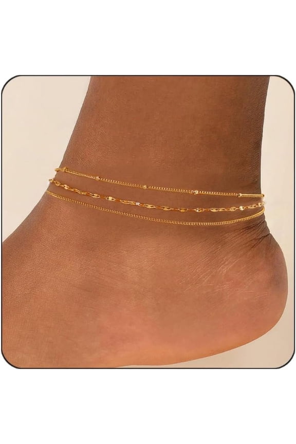 Gold Ankle Bracelets For Women Waterproof,18k Gold Plated Anklets Layered Thin Snake Chain Herringbone Anklets Non Tarnish Stainless Steel Dainty Summer Jewelry Set Gift For Women