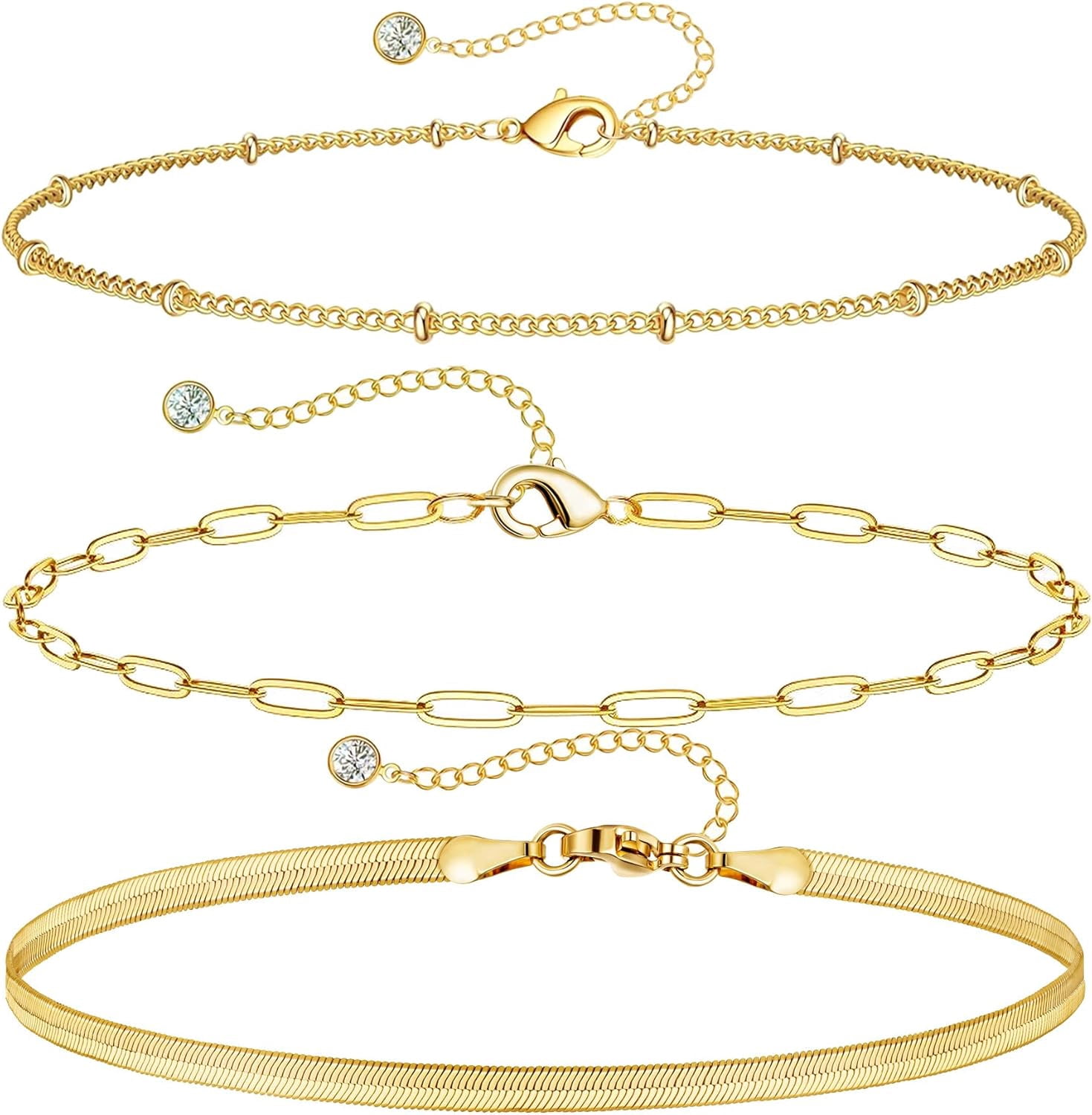 Gold Ankle Bracelets for Women Waterproof - Dainty 6Pcs 14K Gold Plated Anklets Layered Cuban Link Chain Herringbone Cute Anklets Set Pack Summer Beach Jewelry Gift for Women Teen
