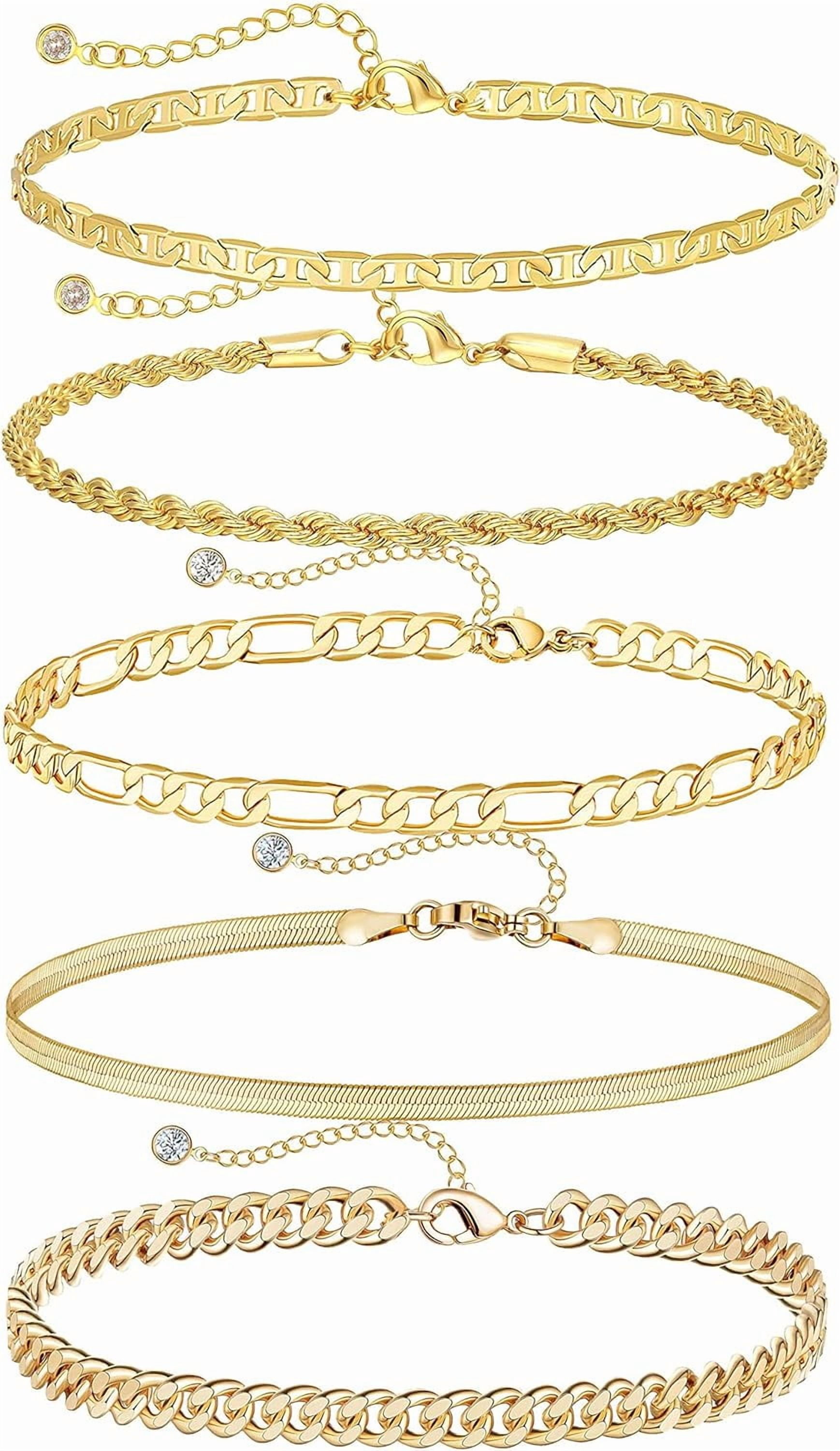Gold Ankle Bracelets for Women Waterproof - Dainty 6Pcs 14K Gold Plated Anklets Layered Cuban Link Chain Herringbone Cute Anklets Set Pack Summer Beach Jewelry Gift for Women Teen