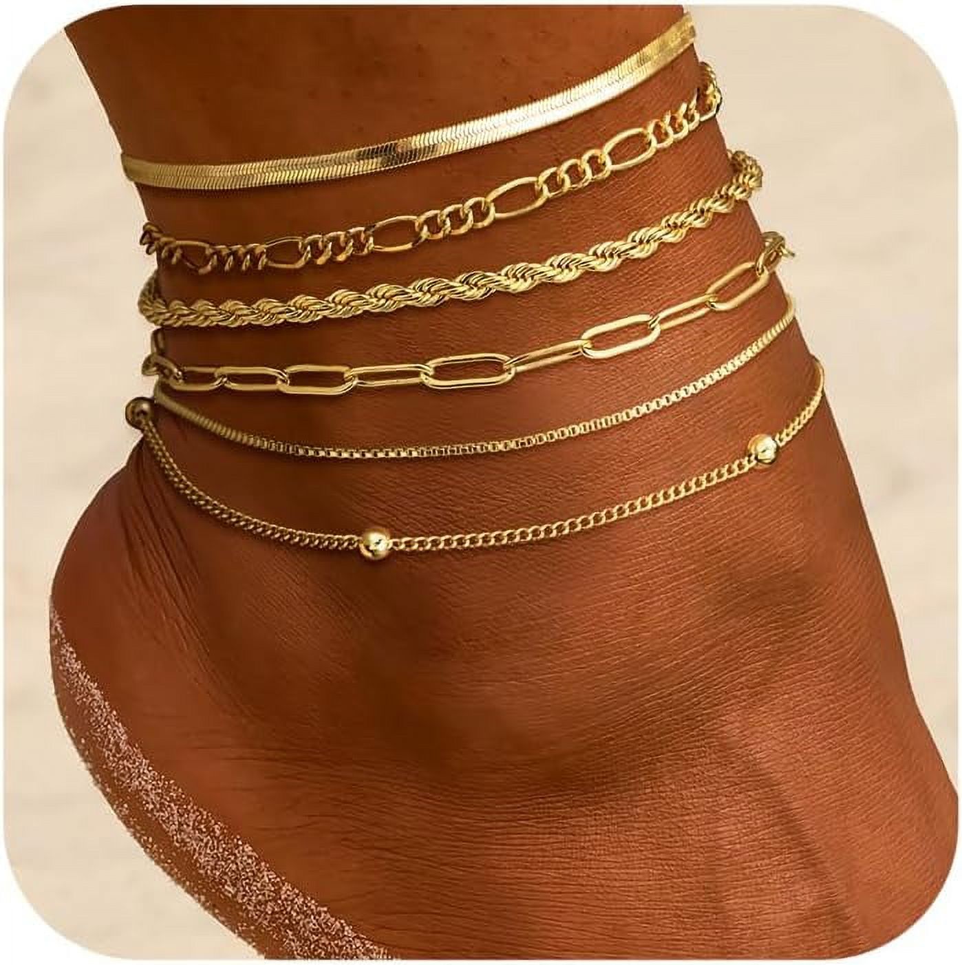 Gold Ankle Bracelets for Women Waterproof - Dainty 6Pcs 14K Gold Plated Anklets Layered Cuban Link Chain Herringbone Cute Anklets Set Pack Summer Beach Jewelry Gift for Women Teen
