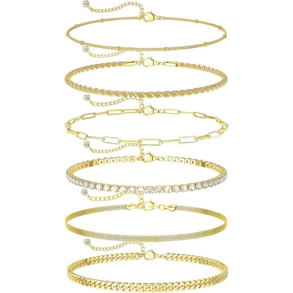 Gold Ankle Bracelets for Women Waterproof - Dainty 6Pcs 14K Gold Plated Anklets Layered Cuban Link Chain Herringbone Cute Anklets Set Pack Summer Beach Jewelry Gift for Women Teen