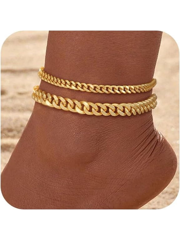 Gold Ankle Bracelets for Women Waterproof - Dainty Gold Anklets Trendy Layered 14K Gold/Silver Plated Stackable Chunky Cuban Link Chian Anklet Bracelet Set for Women Non Tarnish Jewelry Gift