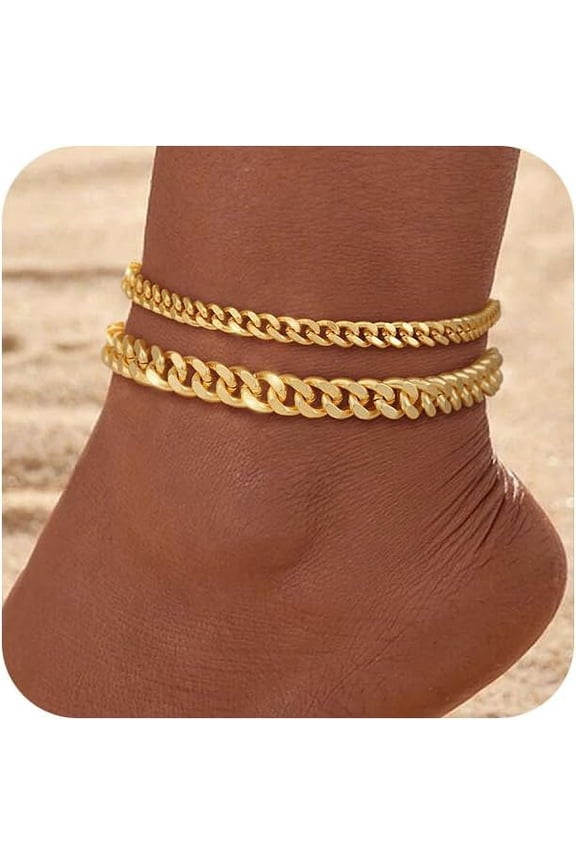 Gold Ankle Bracelets for Women Waterproof - Dainty Gold Anklets Trendy Layered 18K Gold/Silver Plated Stackable Chunky Cuban Link Chian Anklet Bracelet Set for Women Non Tarnish Jewelry Gift