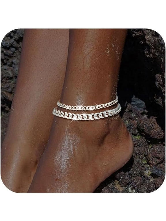 Gold Ankle Bracelets for Women Waterproof - Dainty Gold Anklets Trendy Layered 18K Gold/Silver Plated Stackable Chunky Cuban Link Chian Anklet Bracelet Set for Women Non Tarnish Jewelry Gift