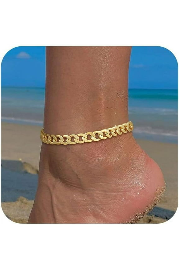 Gold Ankle Bracelets for Women Waterproof - Dainty Gold Anklets Trendy Layered 18K Gold/Silver Plated Stackable Chunky Cuban Link Chian Anklet Bracelet Set for Women Non Tarnish Jewelry Gift