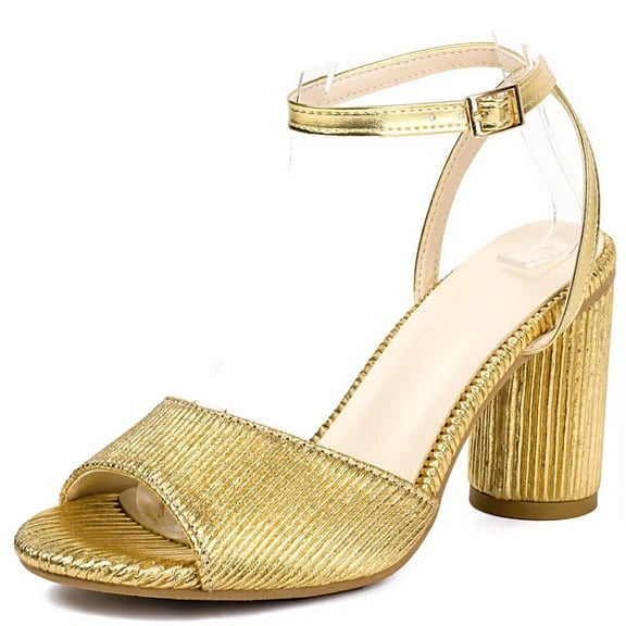 Gold Ankle Strap Round High Heels Sandals, Pleated Open Toe Sandals