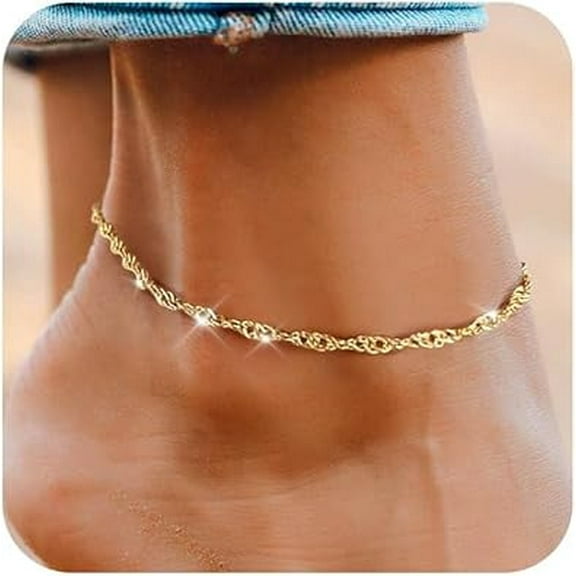Gold Anklet Ankle Bracelets for Women, 14k Gold Plated Silver Anklet for Women Trendy Cute Dainty Twist Chain Adjustable Hypoallergenic Waterproof Anklets Summer Beach