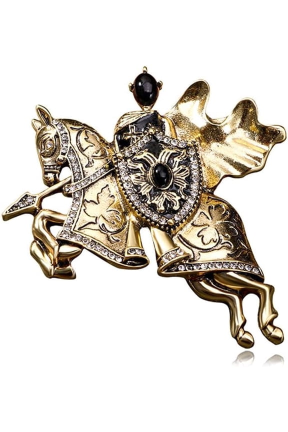 Gold Antique Knights Templar Brooch Pin for Women Men Unisex Rhinestone Crusaders Solomon's Temple Shield War-horse Lucky Clover Leaf Engraved Vintage Dress Suit Accessories Jewelry Gift Souvenir