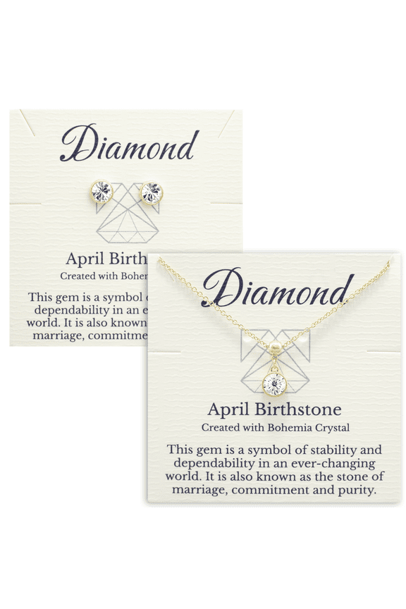 Gold April Birthstone Necklace and Stud Earrings Set with Bohemian Crystals, 14K Gold Plated, Birthday Month Gift, Great for Mom.