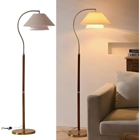 -Gold Arc Floor Lamp with Double Linen Shade,Mid Century Modern Standing Lamps for Living Room,Vintage Wood Floor Lamp,Adjustable Art Deco Tall Lamp for Bedroom Reading Office$$Tools & Hardware Other