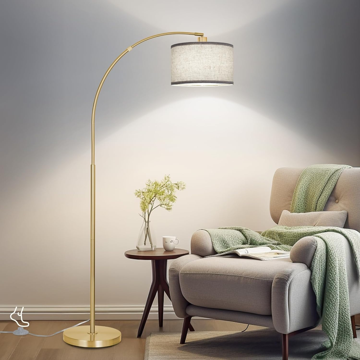 Gold Arc Floor Lamp for Living Room, Floor Lamp with Adjustable Drum ...