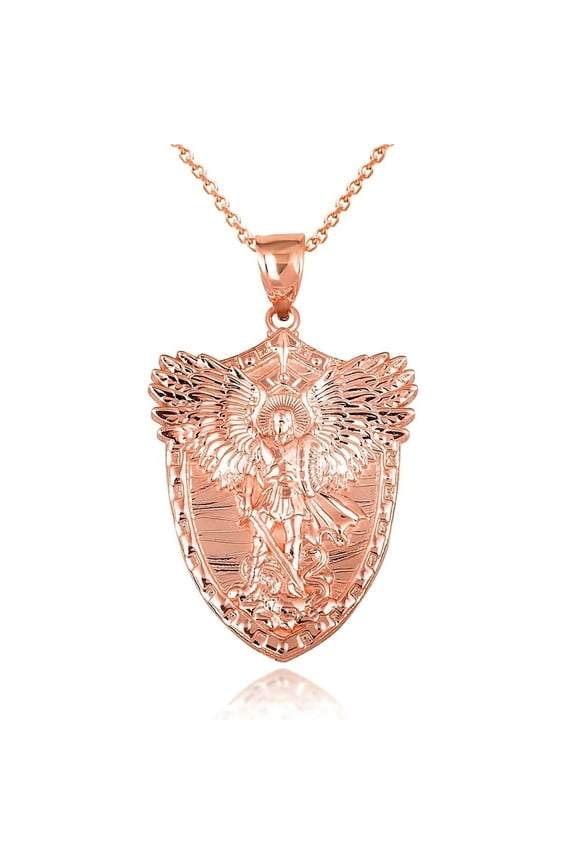 Gold Archangel Saint Michael Wings Sword & Shield Pendant Necklace (10K,Rose Gold, Pendant with 20" chain)