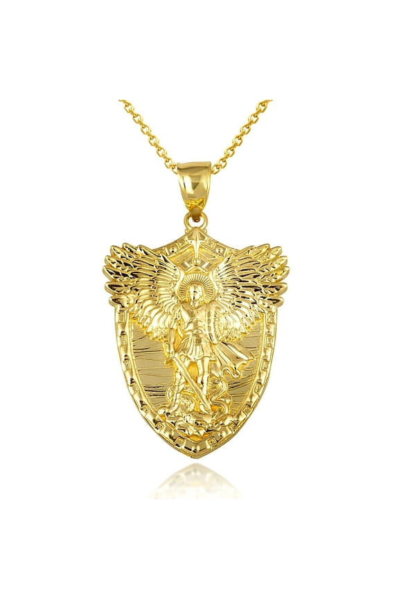 Gold Archangel Saint Michael Wings Sword & Shield Pendant Necklace(10K,Yellow Gold, Pendant with 16" chain)