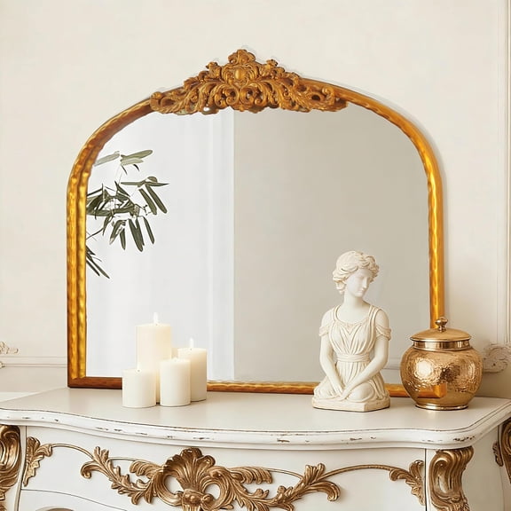Gold Arched Antique Mirror 32"x24" - Vintage Baroque Wall Mirrors for Bathroom, Living Room, Entryway - Large Gleaming Gold Frame, French Ornate Mirror for Bedroom, Fireplace, Hallway,Dresser