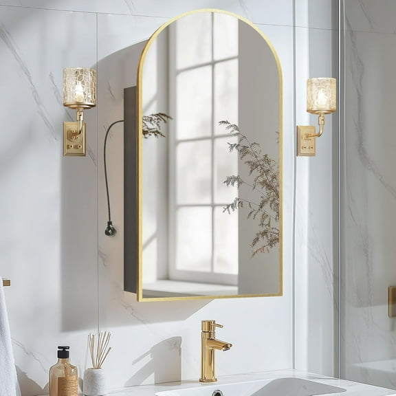 Gold Arched Medicine Cabinet with Mirror, Wall-Mounted Mirror Cabinet with Storage, Bathroom Vanity Mirror with Charging Station, 2 Power Outlets, Mirrored Cabinet with Adjustable Shelf, 20X34 Inch
