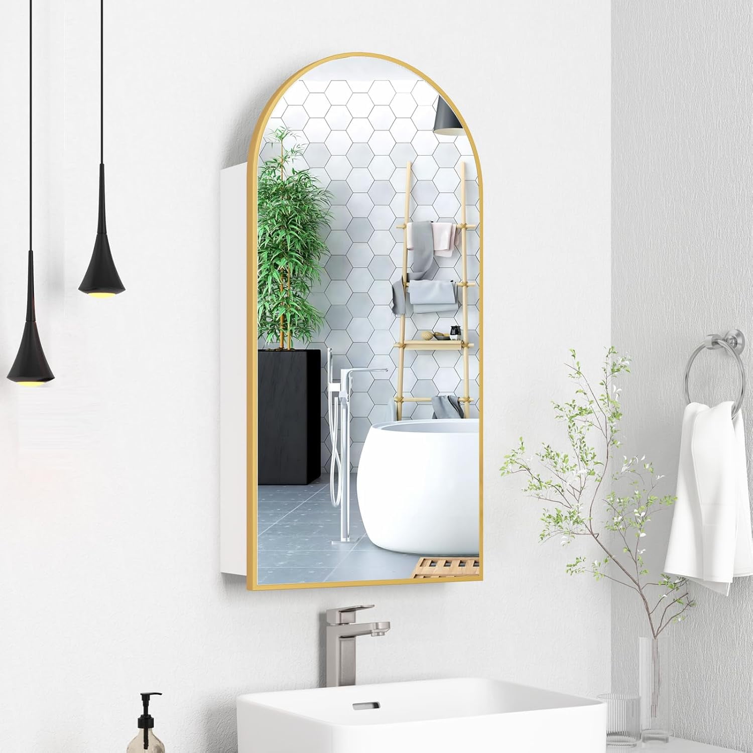 Gold Arched Medicine Cabinets with Mirror, Bathroom Metal Framed Mirrored Medicine Cabinet, Wall ...