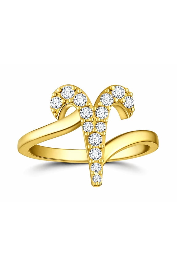 Gold Aries Zodiac Ring, Cubic Zirconia Astrology 925 Sterling Silver Gold Plated Jewelry, March April Birthstone